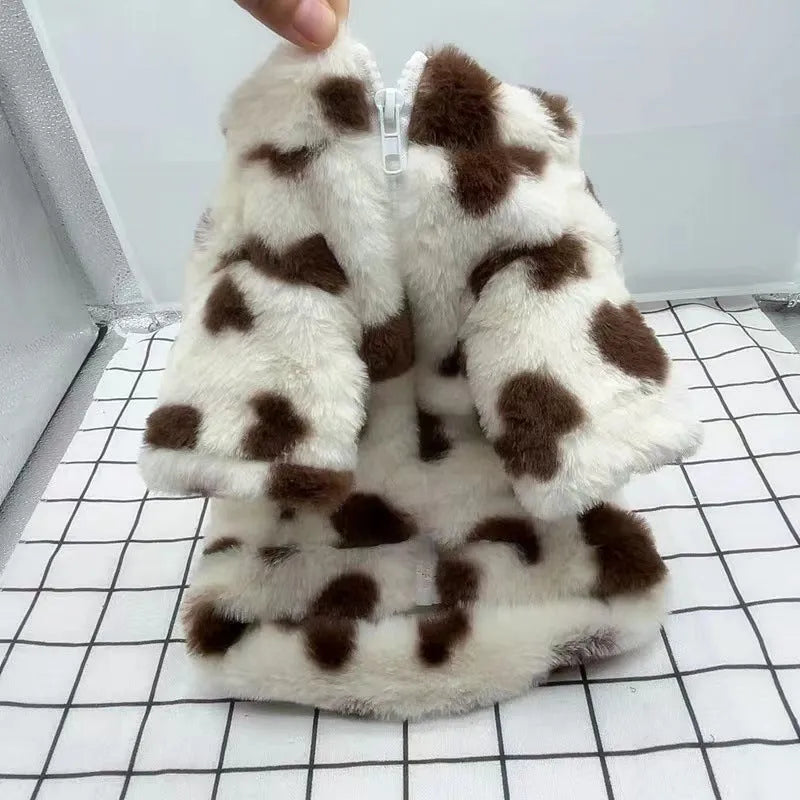 Small dog wearing pink polyester plush warm coat in British style design