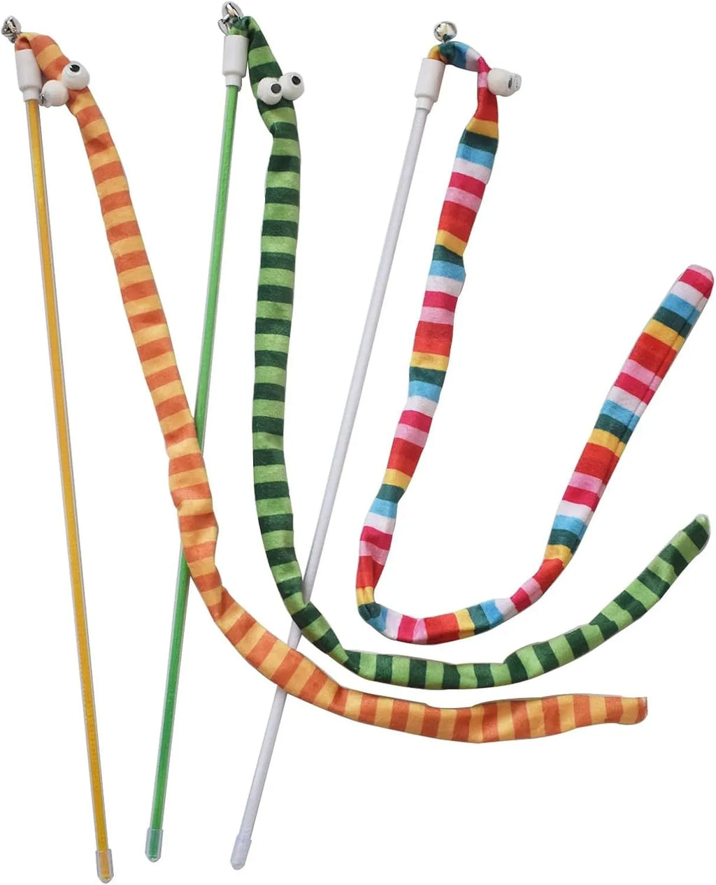 Cat wand toy with polycarbonate handle and long plush strip in vivid colours for interactive cat play