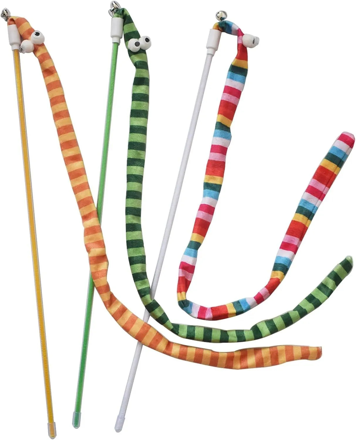 Cat wand toy with polycarbonate handle and long plush strip in vivid colours for interactive cat play