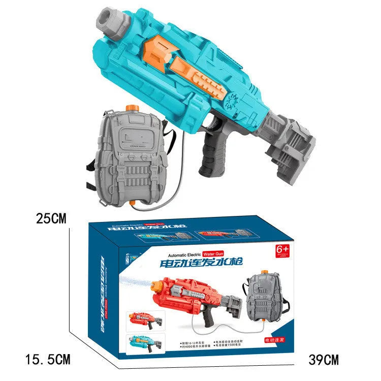 Electric automatic suction water gun with 4000ml red backpack on display