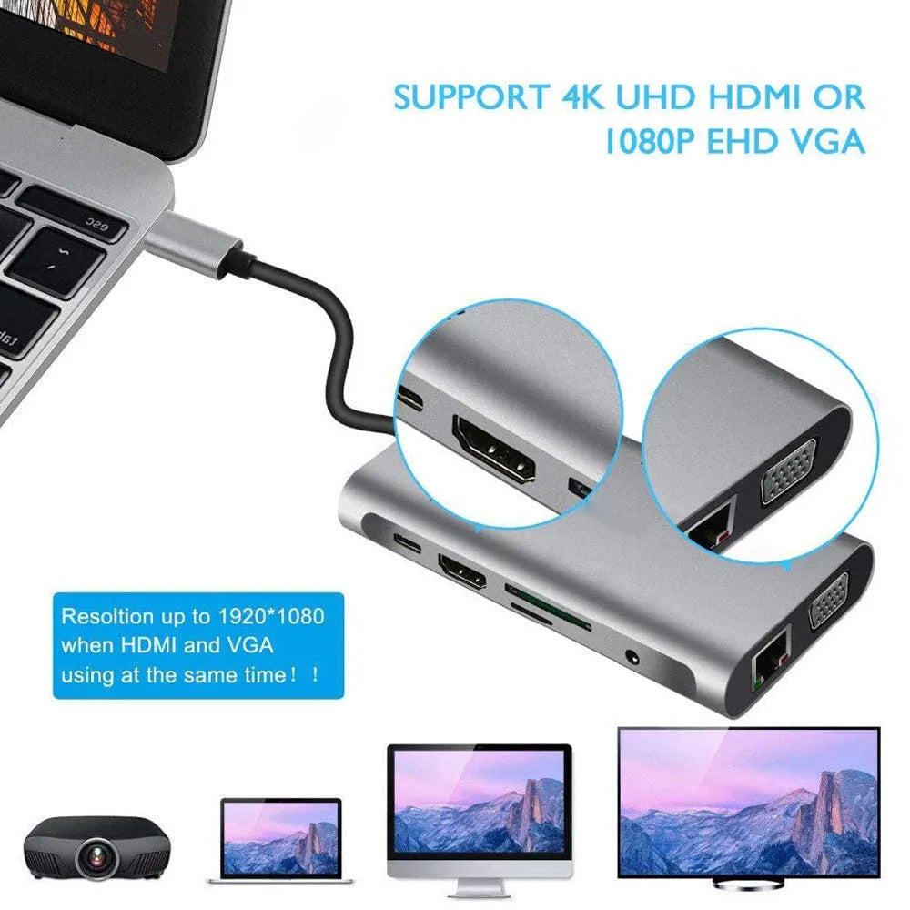 Grey USB-C to HDMI ten-in-one expansion dock with ports for 4K, VGA, Ethernet, USB 3.0, card readers, and audio jack