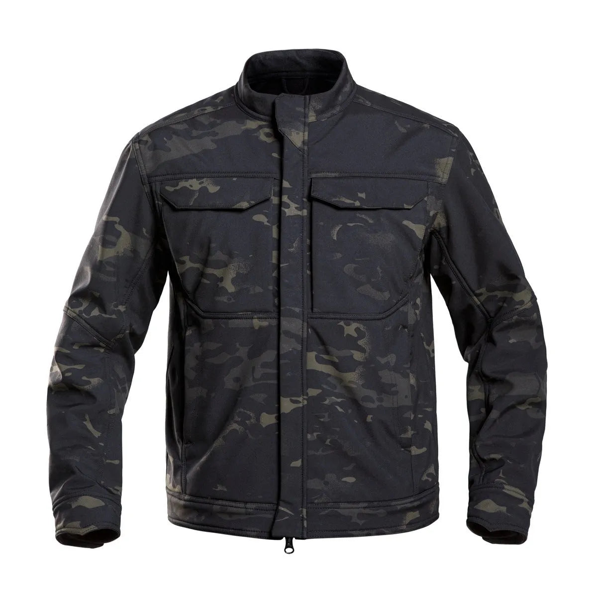 Bone Frog Peak Breaker soft shell tactical jacket in black, shown in outdoor setting.