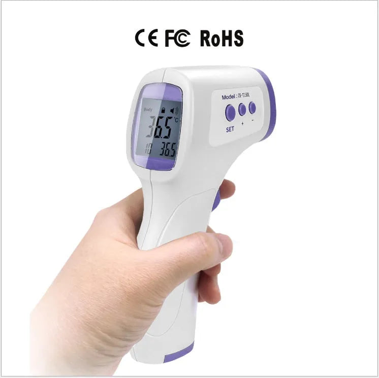 White non-contact infrared forehead thermometer on a blue background with LCD screen