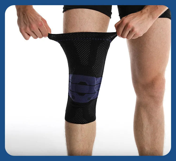 Black and blue adult sports knee pad for basketball and running, made of nylon and spandex.