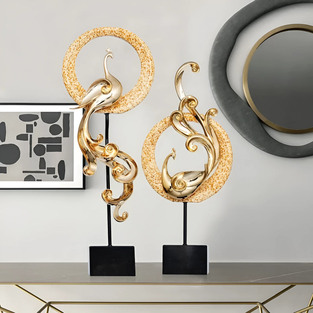European style plastic resin phoenix ornament in rose gold colour on a table.
