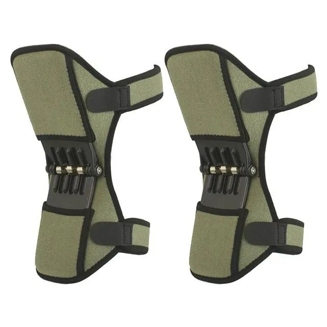 Black spring knee brace with adjustable straps on a grey background