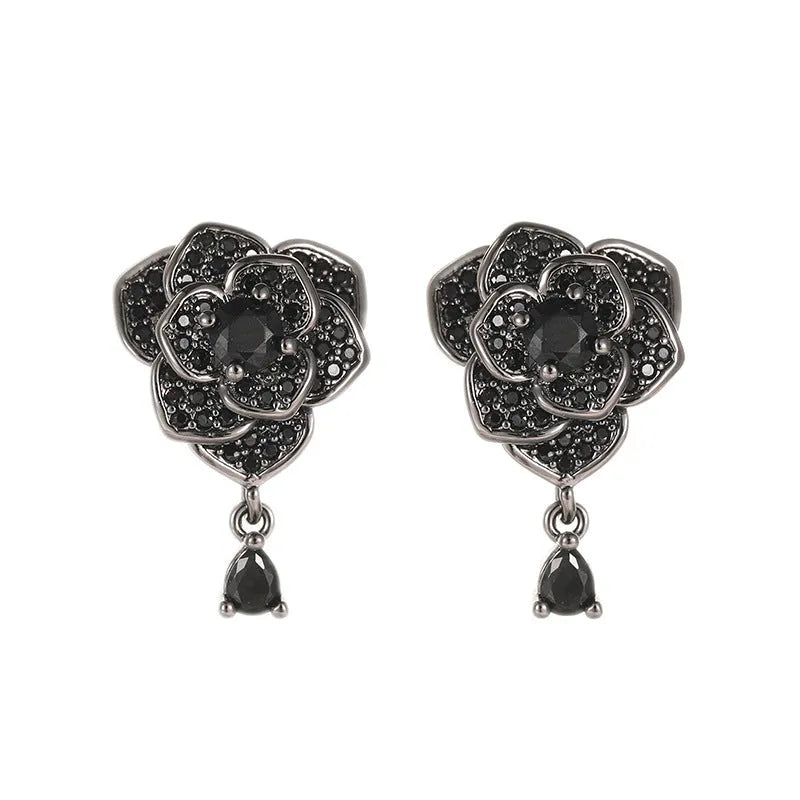 Black rose zircon flower stud earrings with 18K copper electroplating