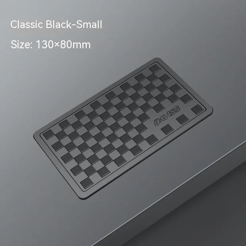 PU car dashboard anti-slip pad for mobile phone in Classic Black, showing textured surface and fit on instrument panel