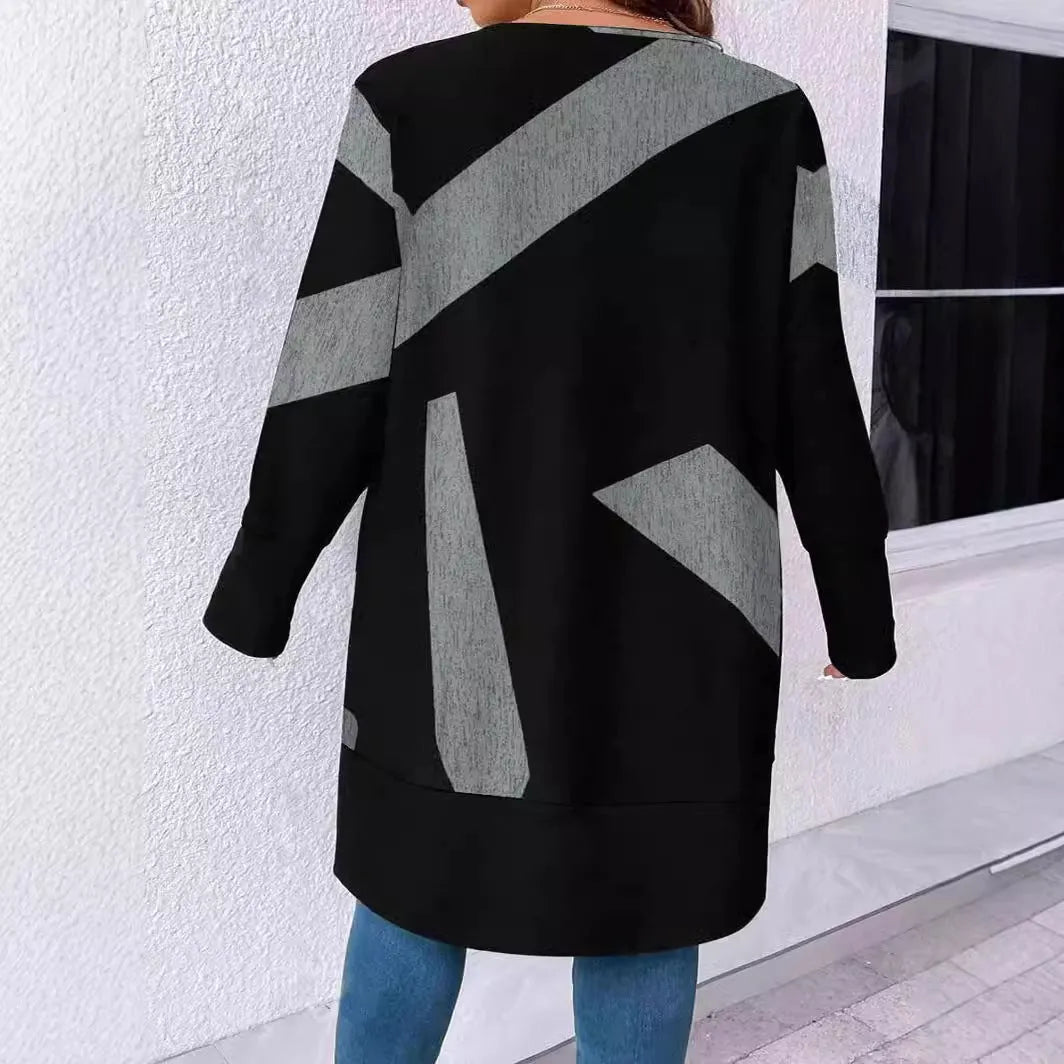 Black plus size cardigan coat with button fastening and printed detailing in Japanese Korean casual style