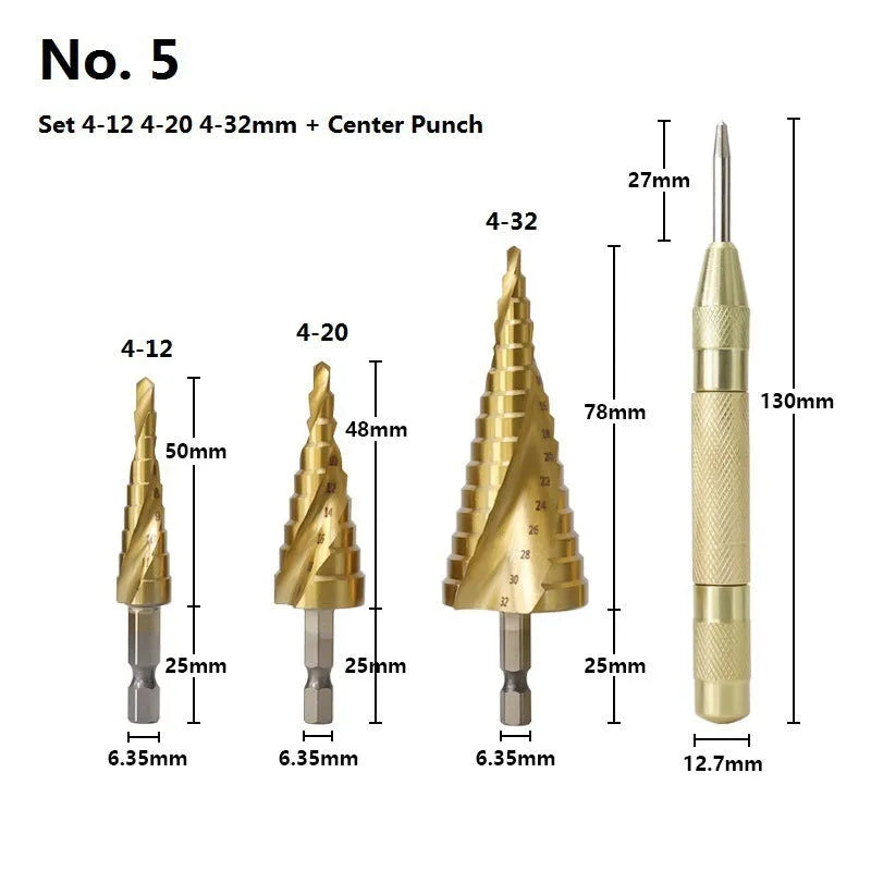 High speed steel step drill bit set with centre punch showing multiple hole sizes from 3mm to 32mm