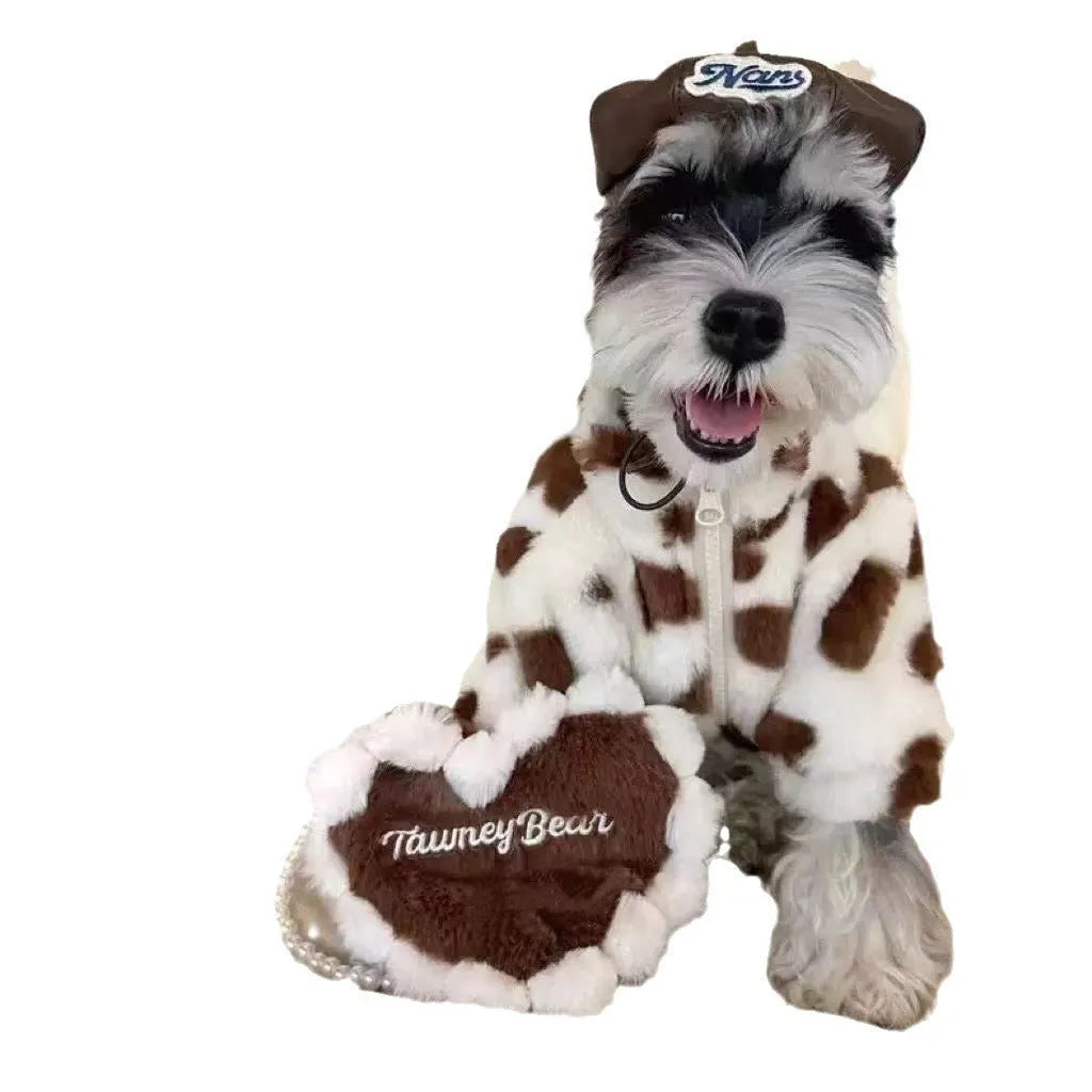 Small dog wearing pink polyester plush warm coat in British style design