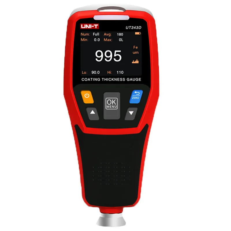 Coating thickness gauge with digital display showing measurement value on a surface