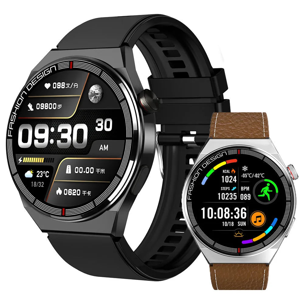 Black smartwatch with 1.28 inch screen on a silicone strap, showing health metrics and call interface.