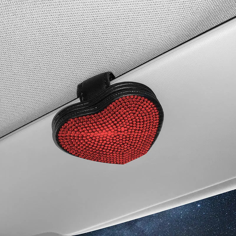 Diamond-encrusted PU leather car sun visor clip with magnetic closure for glasses and document storage