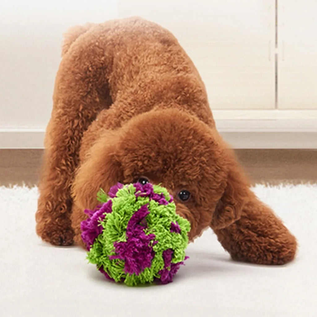 Purple plush dog ball toy with knotted seaweed texture for teething puppies