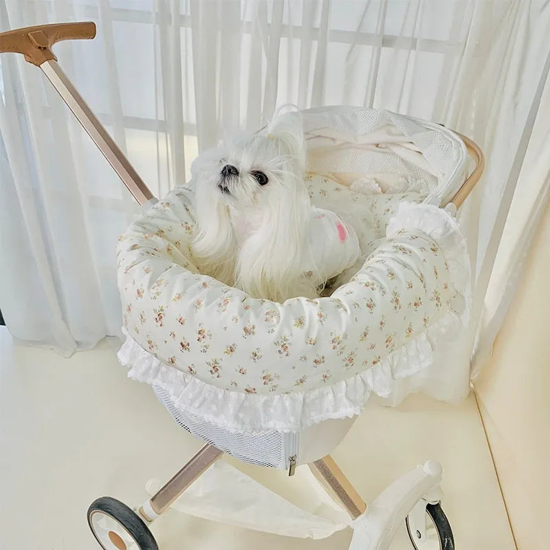 Pet stroller accessory set with towel, cushion, and pillow in floral pattern