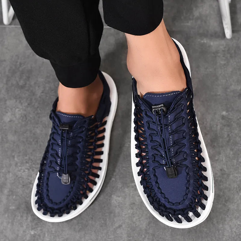 Woven sandals with drawstring tie and rubber sole in multiple colour options