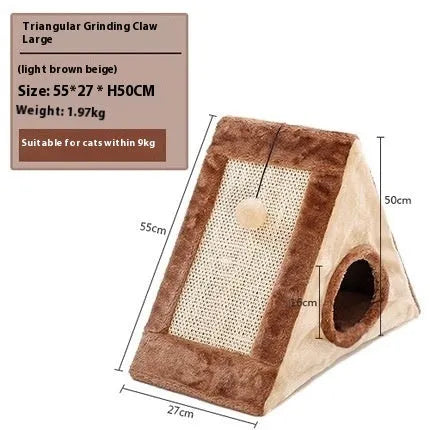 Triangular cat scratching toy with sisal surface in grey-white colour option showing perch design