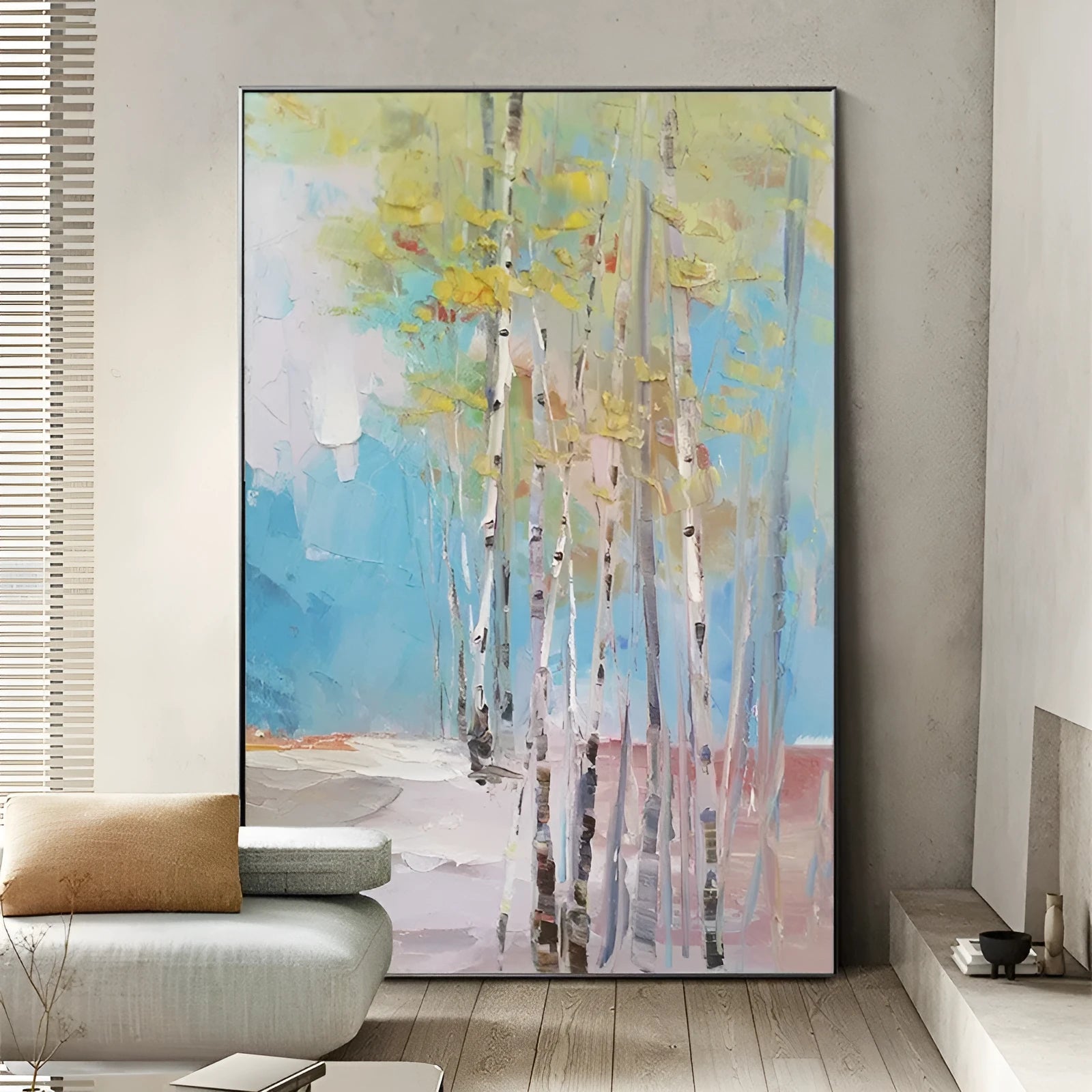 Hand-painted abstract birch forest landscape oil painting on canvas, vertical, rolled and frameless