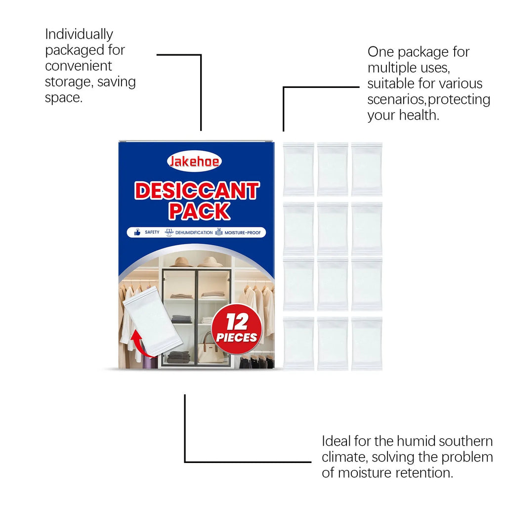 Pack of 12 white calcium chloride desiccant units for cupboard and wardrobe moisture control.