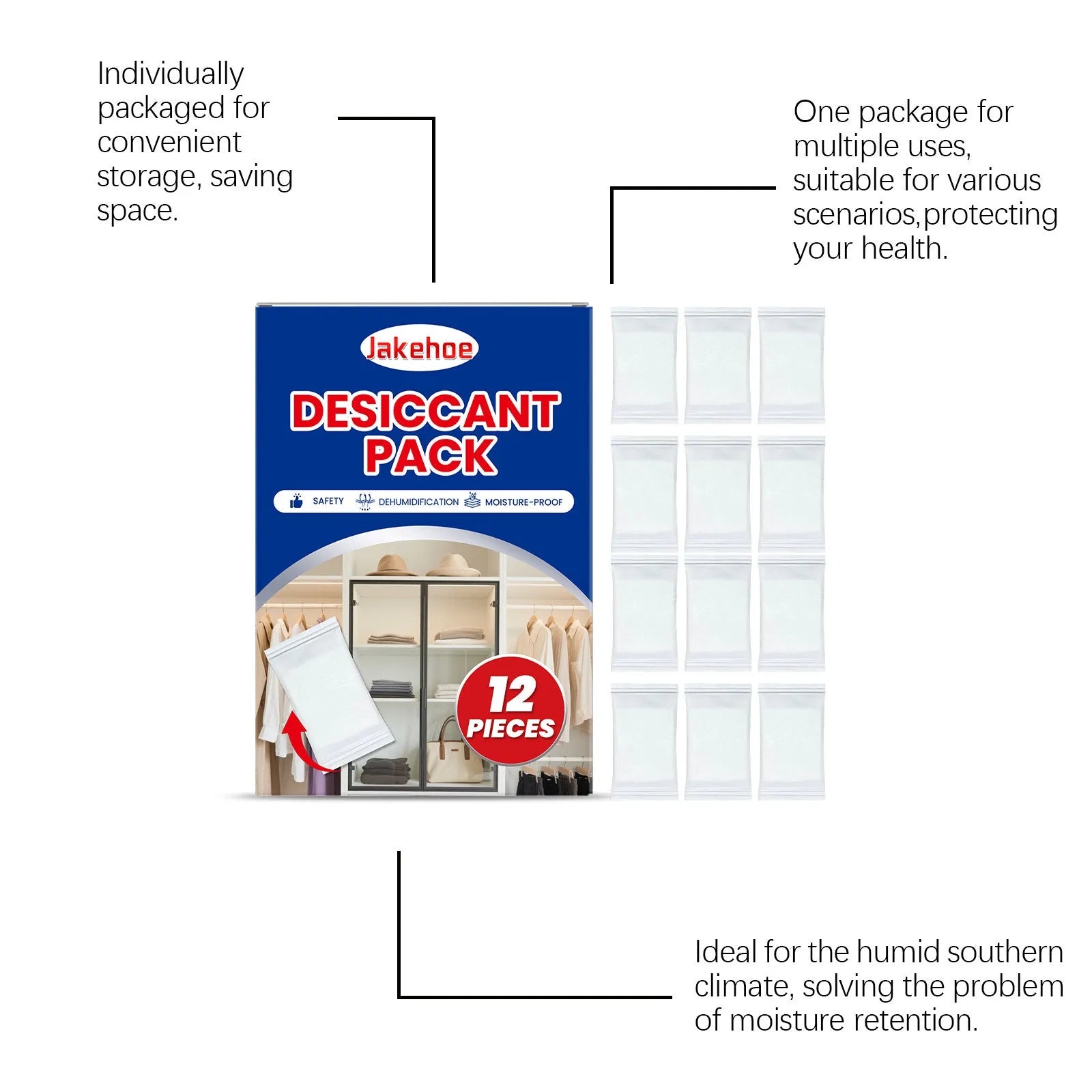 Pack of 12 white calcium chloride desiccant units for cupboard and wardrobe moisture control.