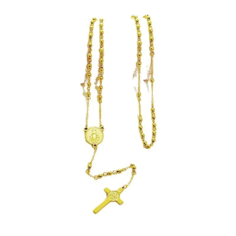 Stainless steel cross pendant necklace in golden colour with a priest pendant design on a simple chain