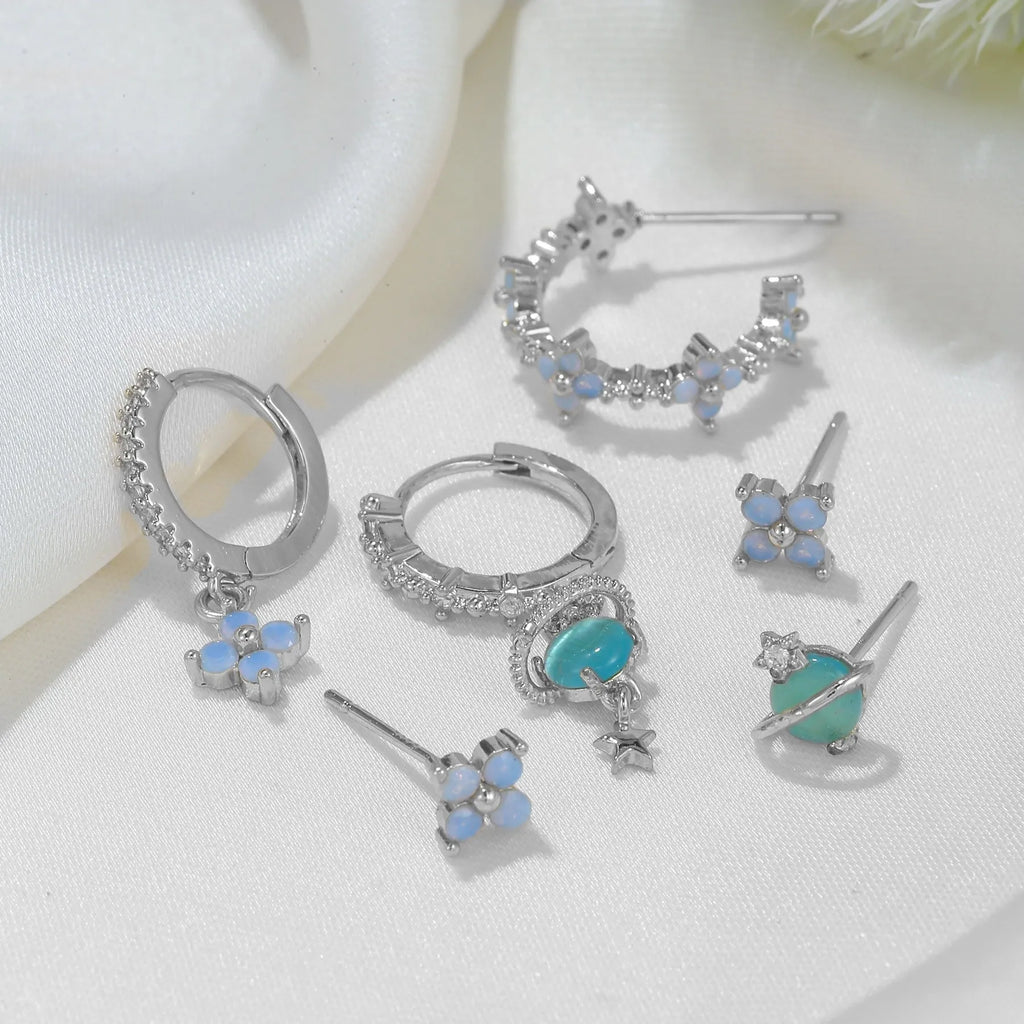 Japanese Korean style flower earrings with zircon mosaic on copper in gold and silver colours