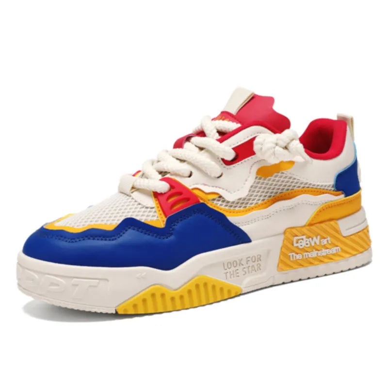 Men's low-top white board shoes with soft rubber sole and mesh lining on a plain background.
