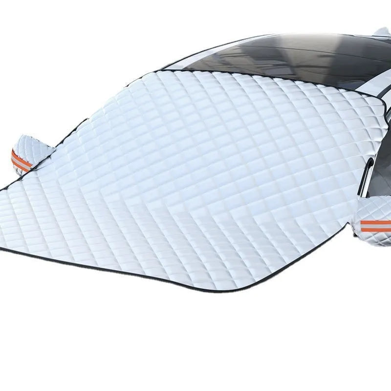 Large Luxury aluminium foil winter car cover with reflective stripes and magnets for SUV windshield frost protection.