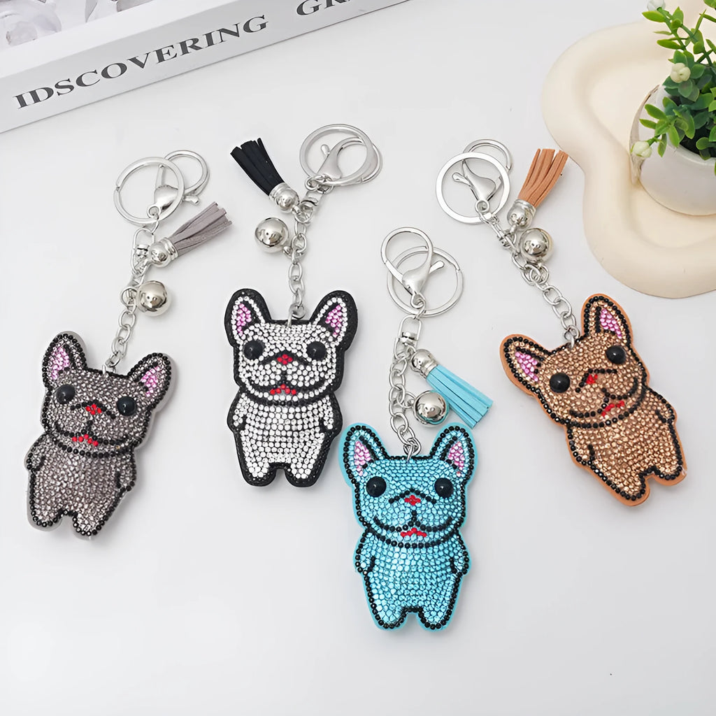 Colourful cartoon animal rhinestone keychain on a metal ring.