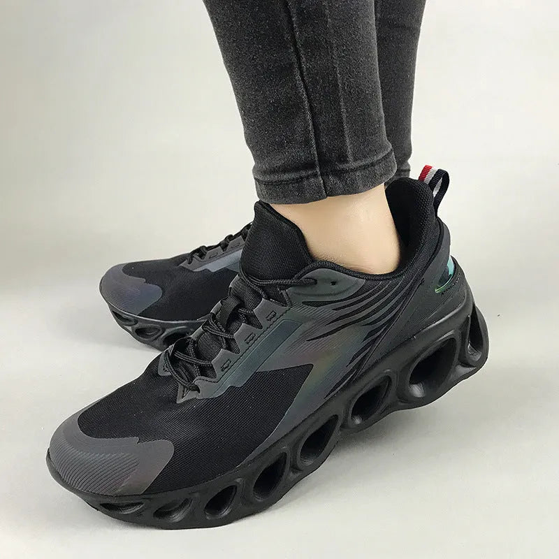 Men's breathable mesh casual sports shoes in black colour with lace-up front and EVA soles