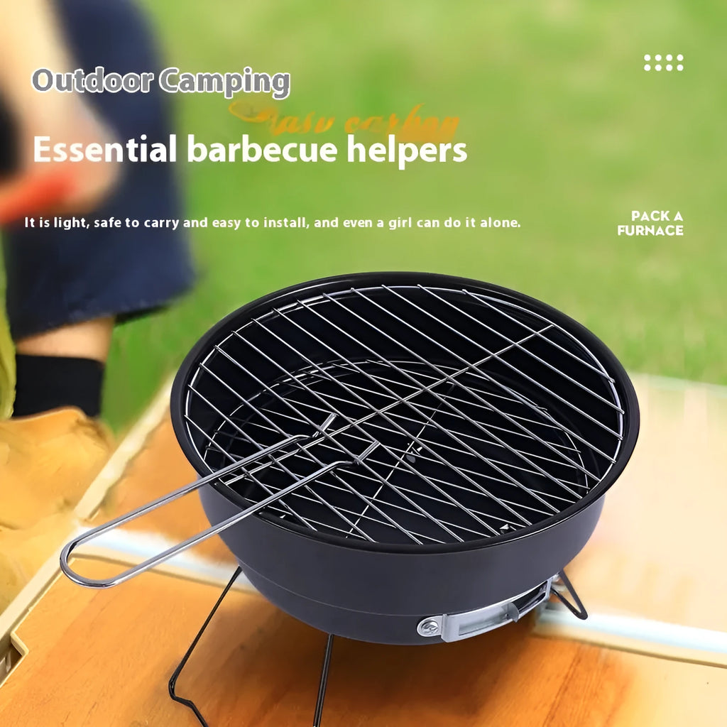 Small folding round ice stove with grill mesh and complete barbecue accessories set