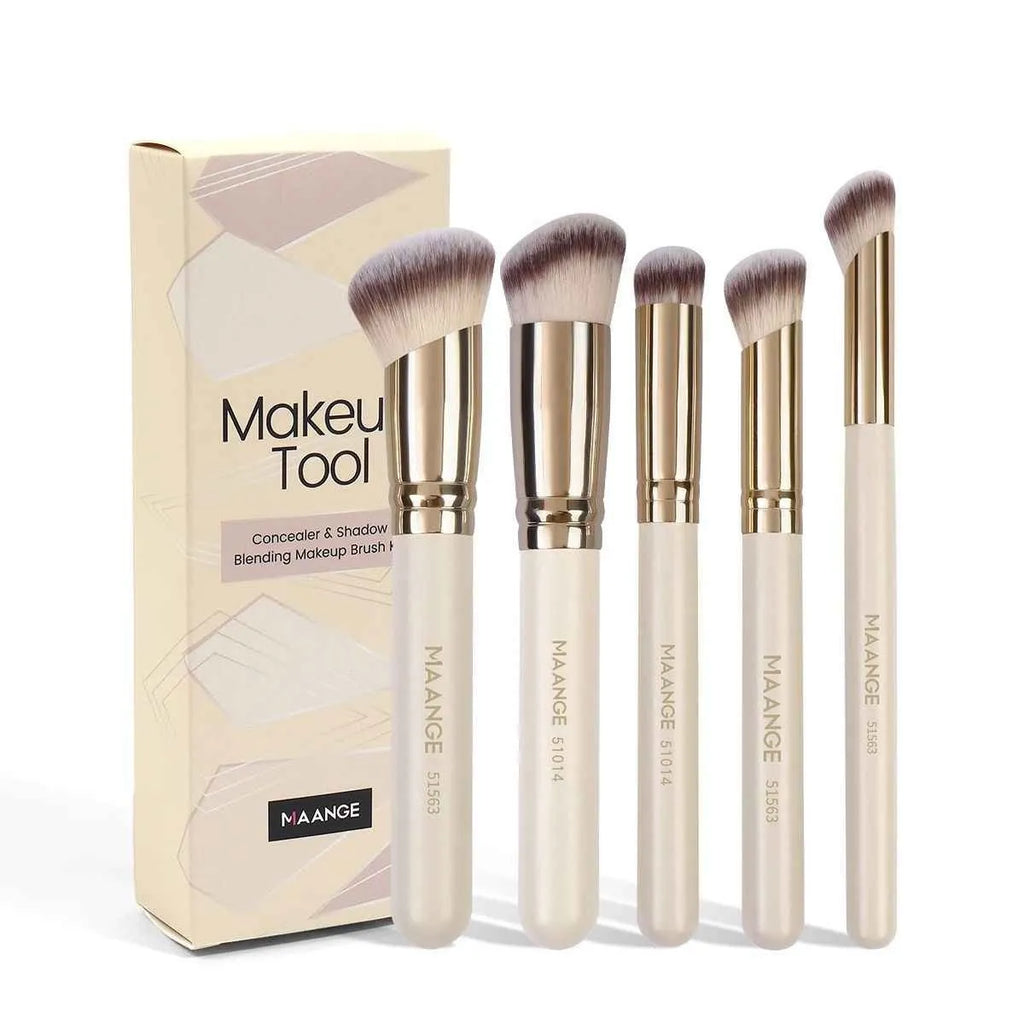 Five apricot-coloured angled blush makeup brushes for foundation and powder application