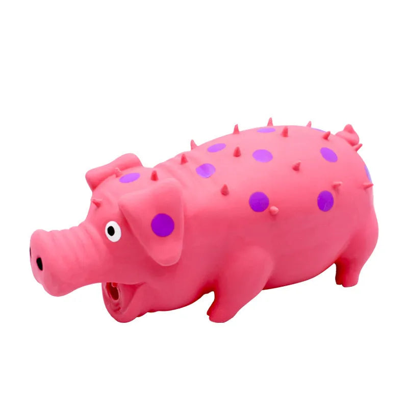 Blue pig-shaped latex dog chew toy with squeaker for aggressive chewers and teeth cleaning