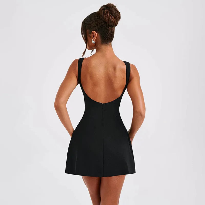 Women's slim-fitting backless sleeveless short summer dress in polyester fabric.