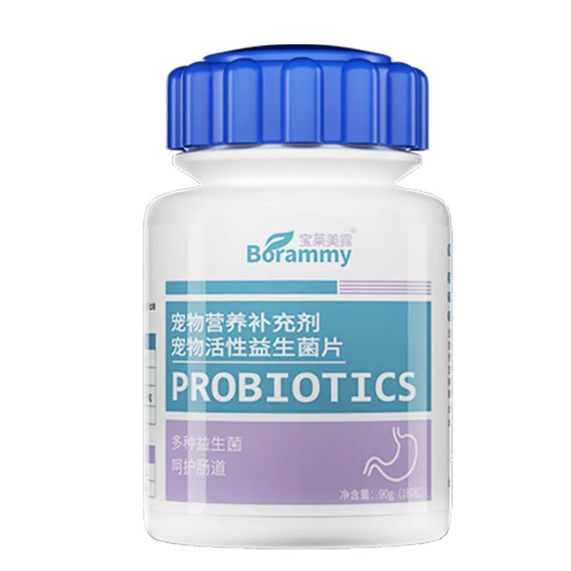 Bottle containing 180 pet probiotic tablets for dog and cat digestive health support