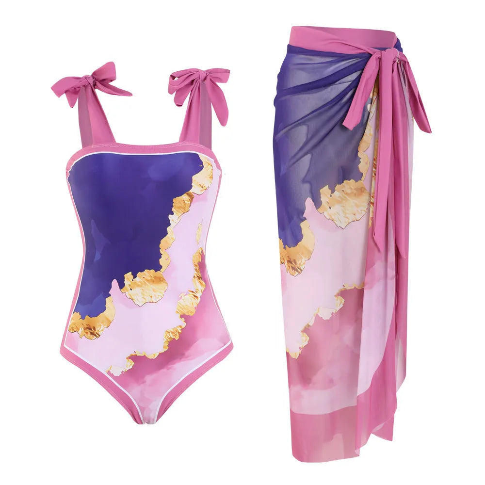 Floral pattern conservative bikini swimsuit with mesh tube top and matching skirt in polyester fabric