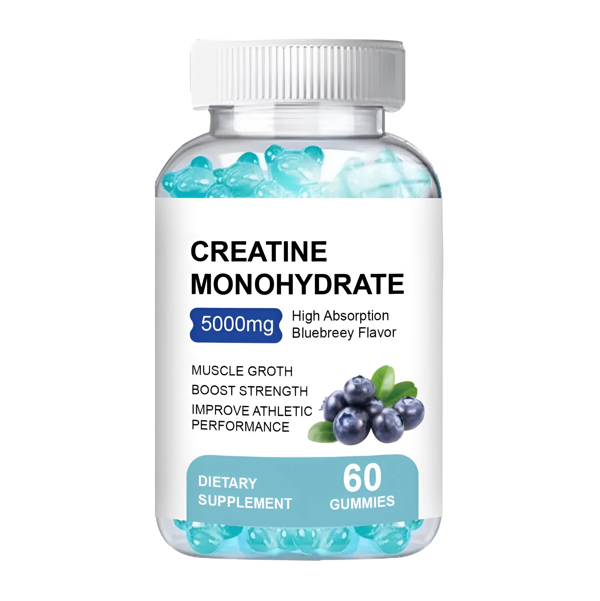 Packet of 60 creatine monohydrate supplement gummies on a blue background.