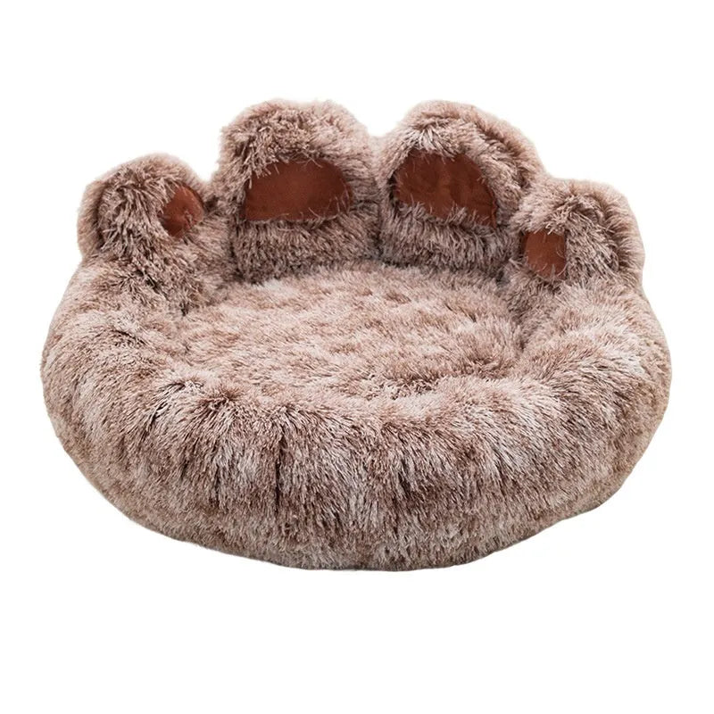 Plush two-colour thickened pet bed for dogs with hand-shaped brush nest texture, available in multiple sizes