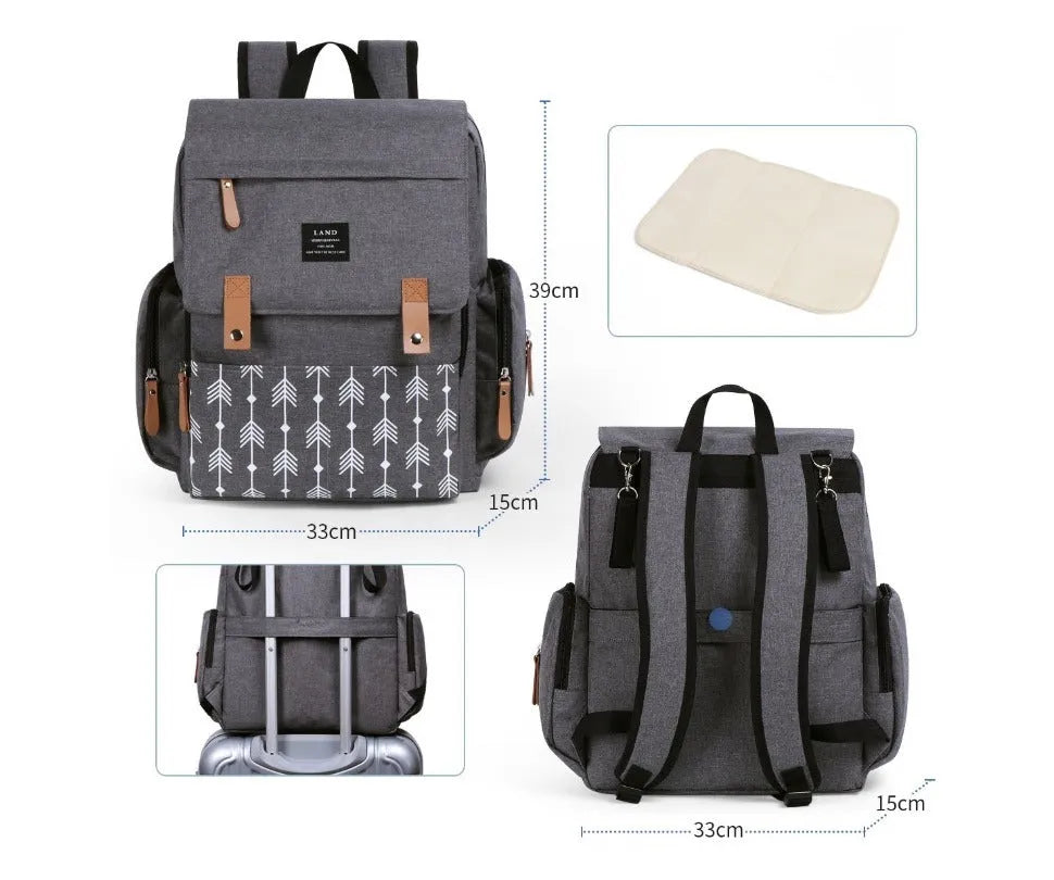 LAND Mommy large oxford cloth diaper backpack with changing mat, shown in grey colour.