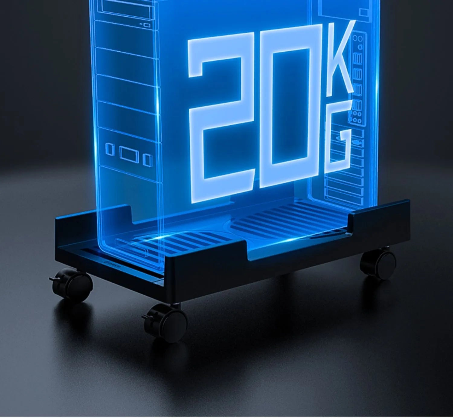 Orico black CPU floor stand with wheels holding a desktop tower vertically on a hard floor