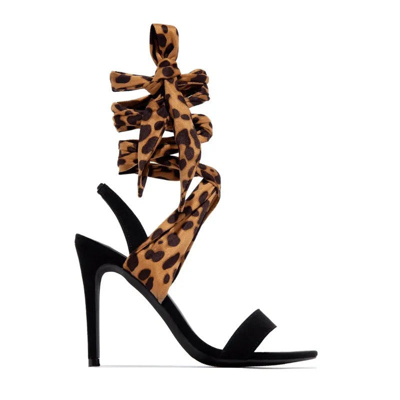 Light brown leopard print women's high heels with cross strap design and fine high heel