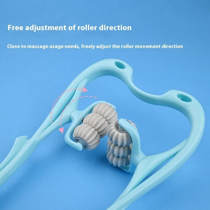 Blue plastic six-wheel massager for shoulders neck and waist tension relief
