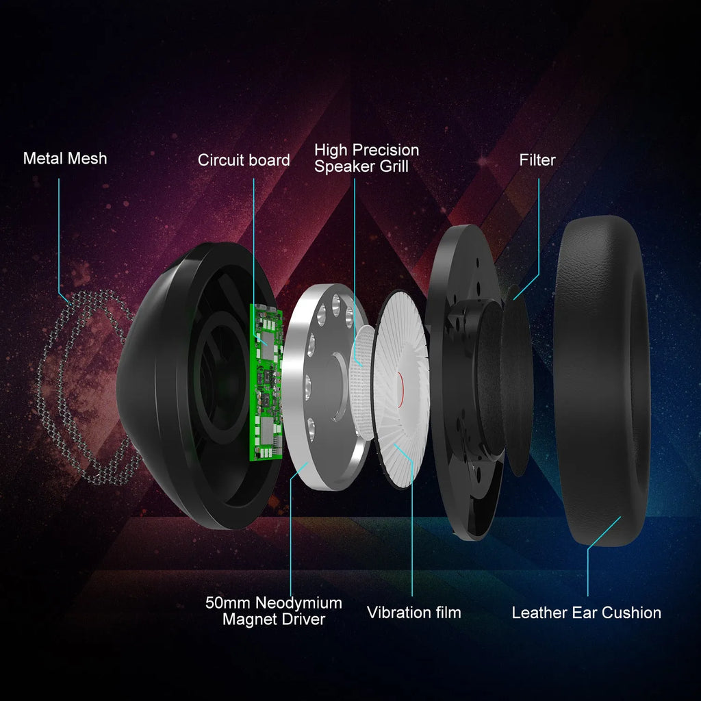 ONIKUMA K19 gaming headset in black with RGB LED lighting and omnidirectional microphone on a desk