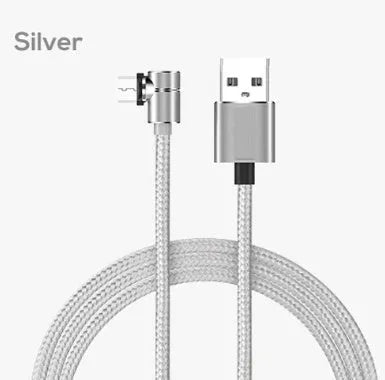 L-shape magnetic charging cable with aluminium housing in black, red, gold, or silver, showing Micro USB, Lightning and Type-C plug heads.
