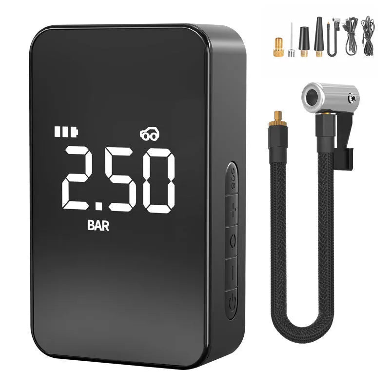 Wireless digital display air pump with large screen, four nozzles, and carrying case