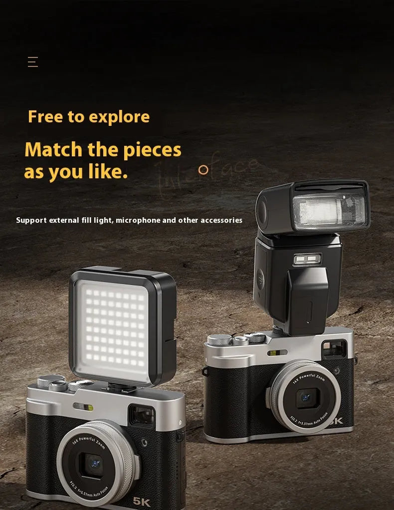 Black and brown 5K digital camera with dual lenses, optical viewfinder, and 2.88-inch screen