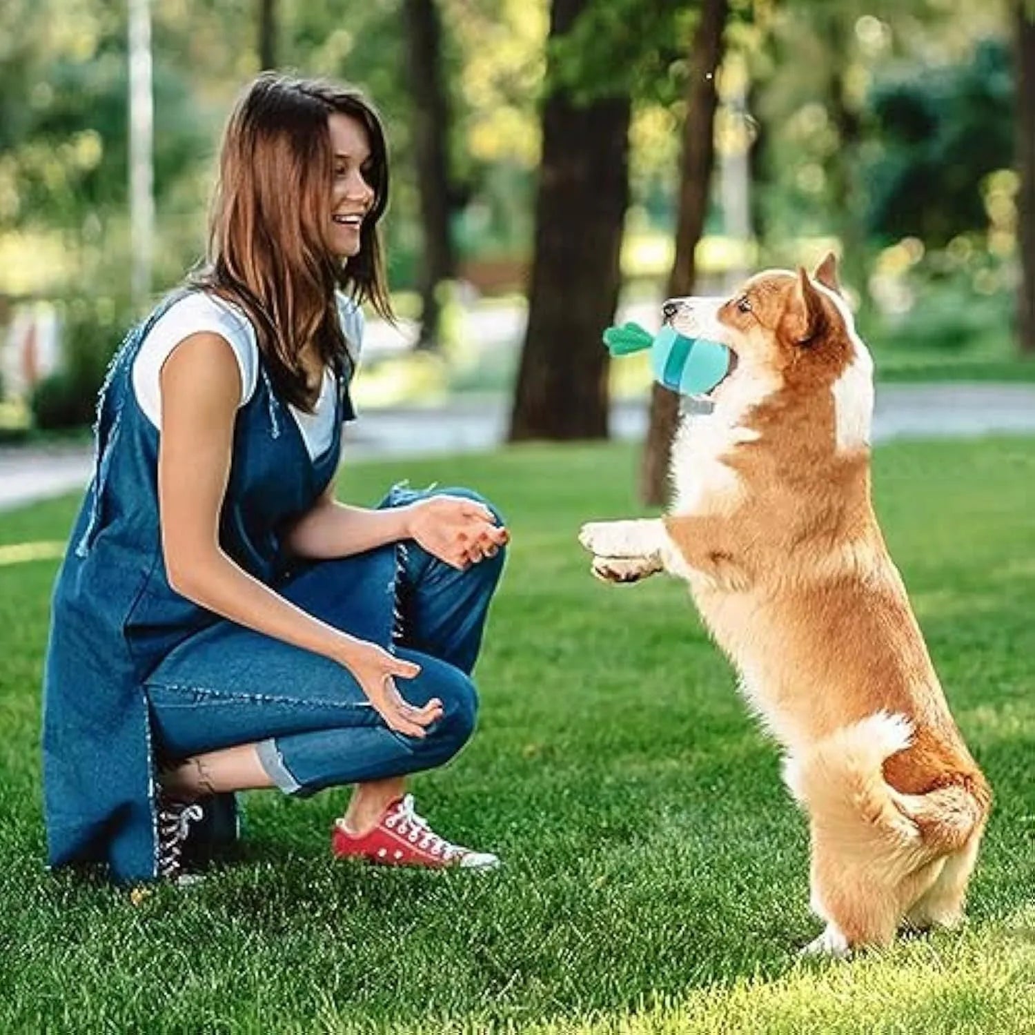 Blue and green durable rubber interactive dog treat dispenser ball with food holes for medium large dogs