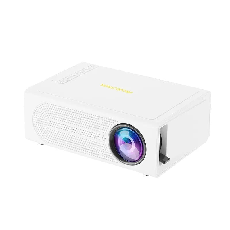 Portable mini projector in black with wired mobile phone connection and UK plug