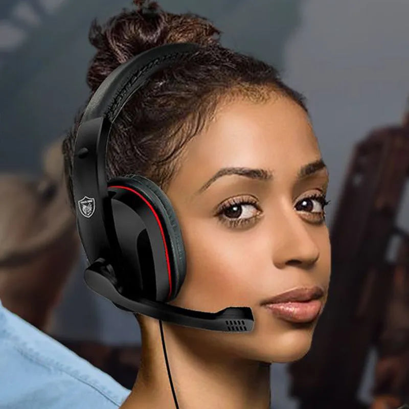 Black wired gaming headset with over-ear cups and a straight 6.3mm audio plug on a 1.2m cable.